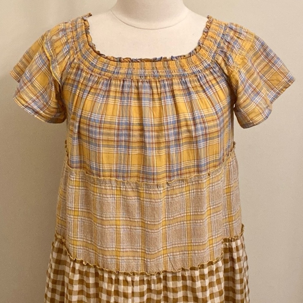 Easel Brown Yellow Blue Plaid Gingham S Country Garden Picnic Cottagecore Dress - Picture 2 of 13